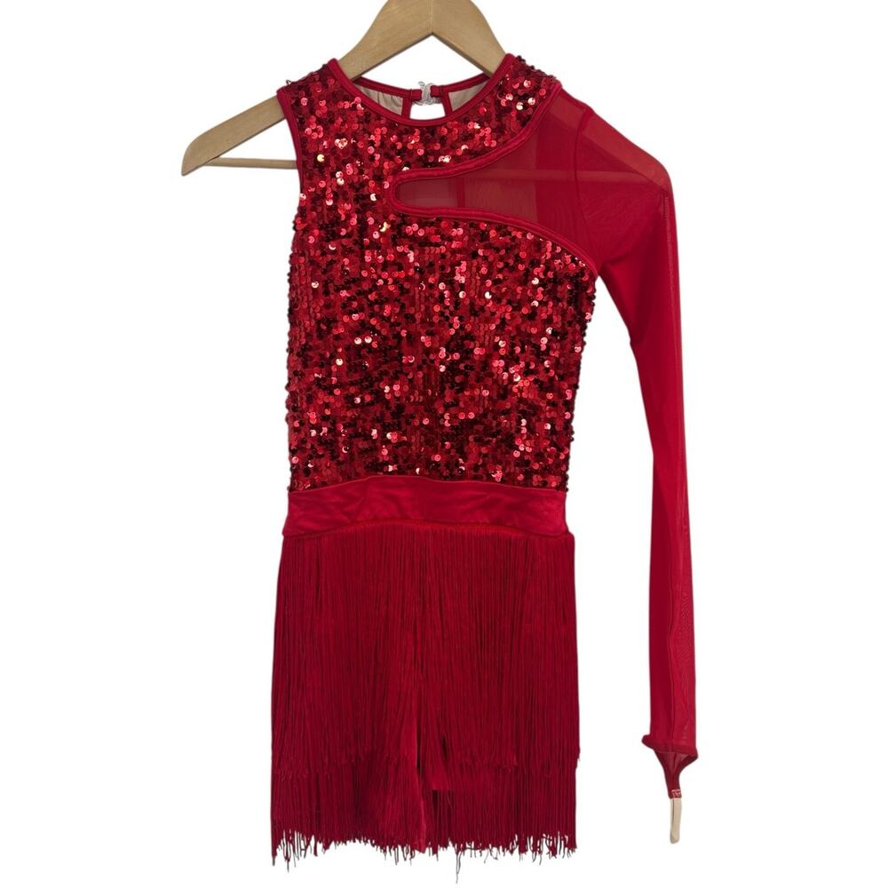 Weissman Red Sequin Fringe One Sleeve Dance Jazz Costume Roxie Ice Skating SA